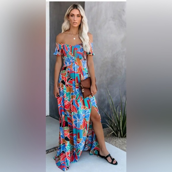 Aakaa Dresses & Skirts - Vici Aakaa Put it in Print Vibrant Floral Off-Shoulder Smocked Maxi Dress